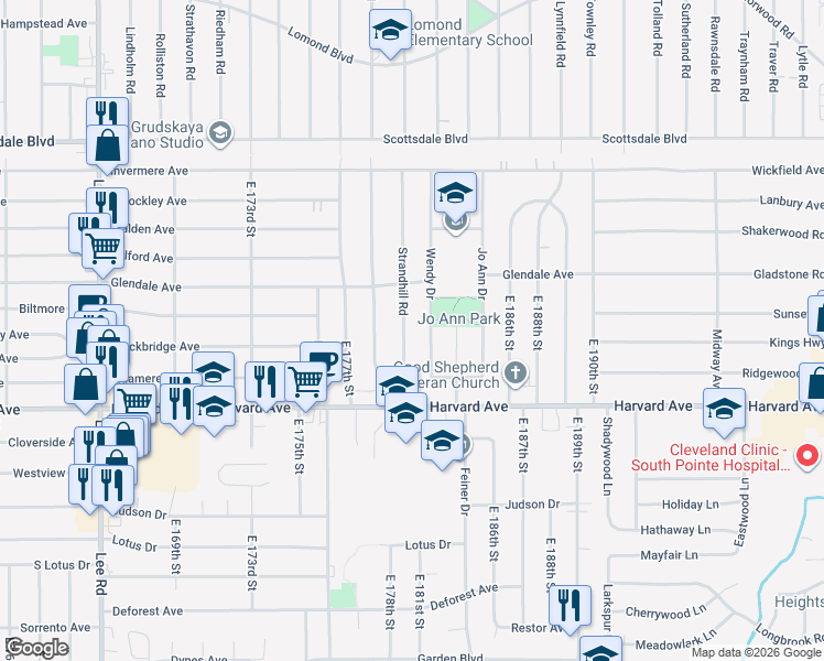 map of restaurants, bars, coffee shops, grocery stores, and more near 3936 Wendy Drive in Cleveland