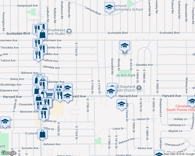 map of restaurants, bars, coffee shops, grocery stores, and more near 3919 East 177th Street in Cleveland