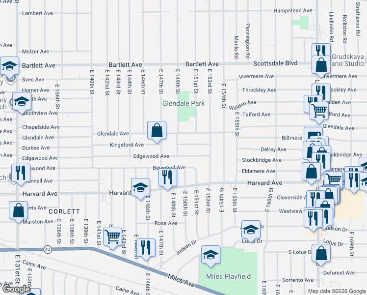 map of restaurants, bars, coffee shops, grocery stores, and more near 15005 Kingsford Avenue in Cleveland