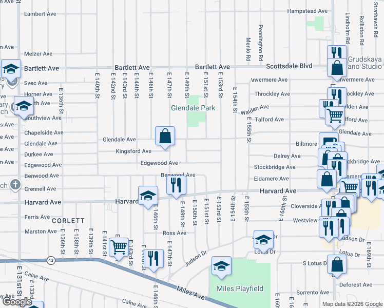 map of restaurants, bars, coffee shops, grocery stores, and more near 15005 Kingsford Avenue in Cleveland