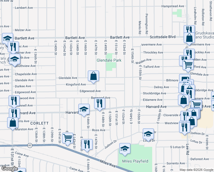 map of restaurants, bars, coffee shops, grocery stores, and more near 3926 East 149th Street in Cleveland