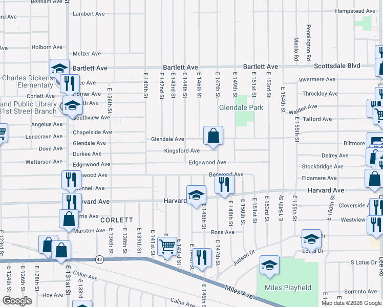 map of restaurants, bars, coffee shops, grocery stores, and more near 14505 Kingsford Avenue in Cleveland