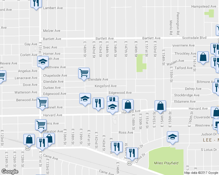map of restaurants, bars, coffee shops, grocery stores, and more near 14505 Kingsford Avenue in Cleveland