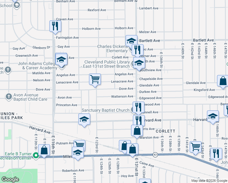map of restaurants, bars, coffee shops, grocery stores, and more near 12701 Dove Avenue in Cleveland