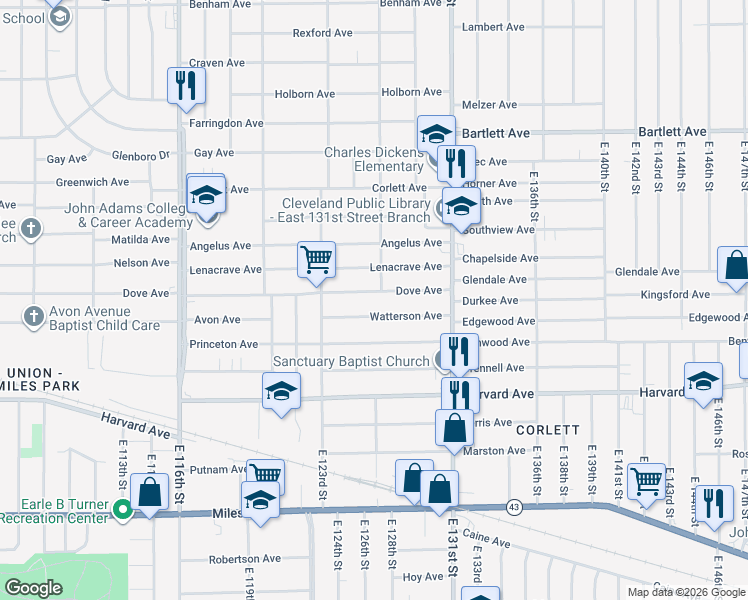 map of restaurants, bars, coffee shops, grocery stores, and more near 12701 Dove Avenue in Cleveland
