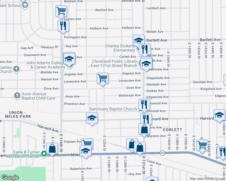 map of restaurants, bars, coffee shops, grocery stores, and more near 12413 Dove Avenue in Cleveland