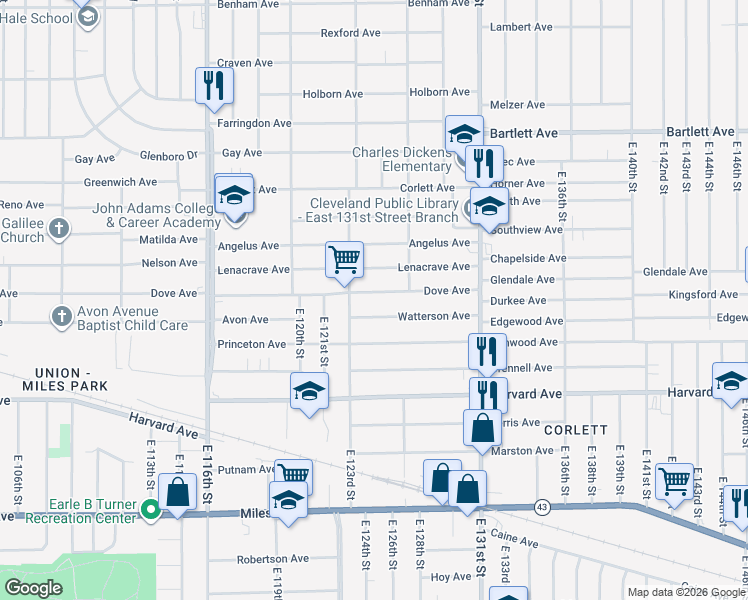 map of restaurants, bars, coffee shops, grocery stores, and more near 12413 Dove Avenue in Cleveland