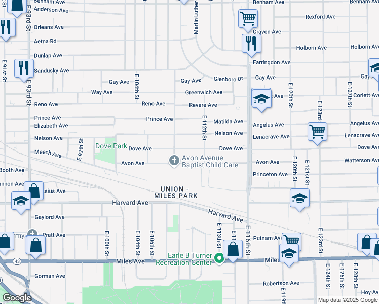 map of restaurants, bars, coffee shops, grocery stores, and more near 11017 Dove Avenue in Cleveland