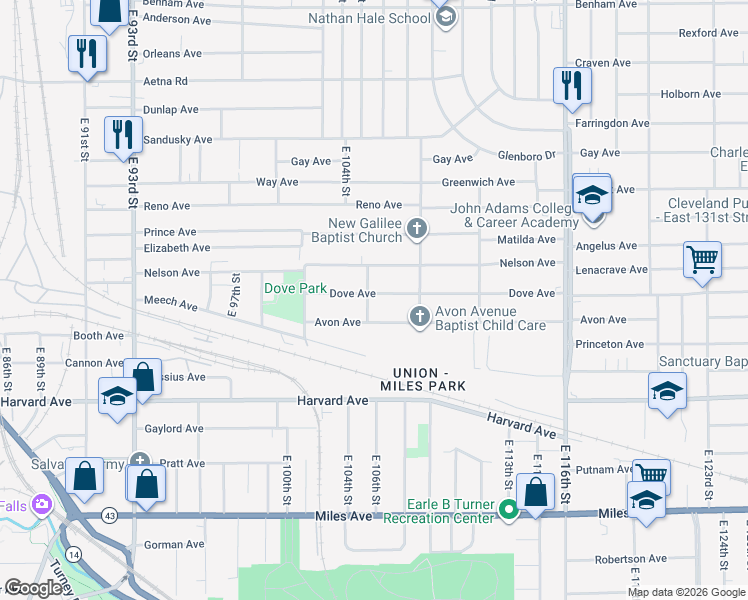 map of restaurants, bars, coffee shops, grocery stores, and more near 10609 Dove Avenue in Cleveland