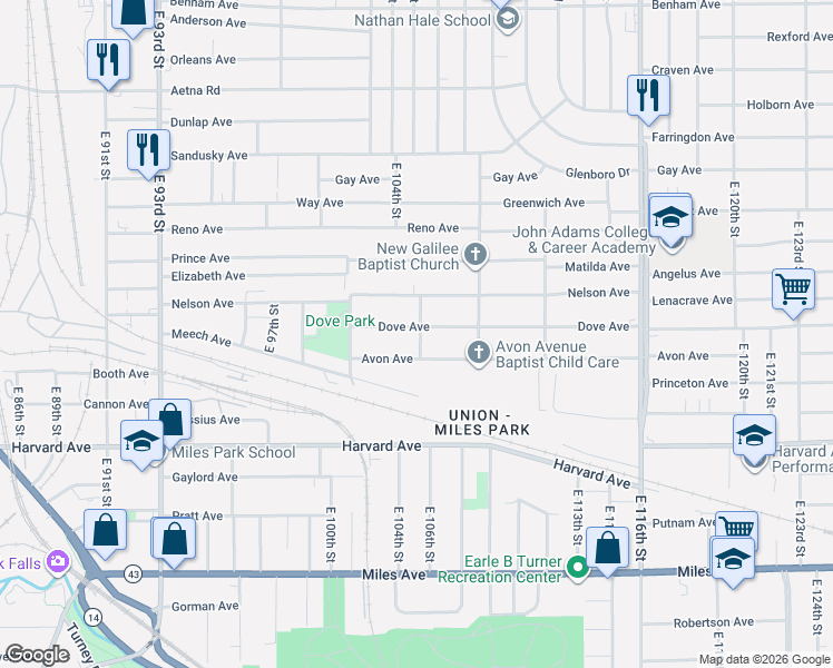 map of restaurants, bars, coffee shops, grocery stores, and more near 10405 Dove Avenue in Cleveland