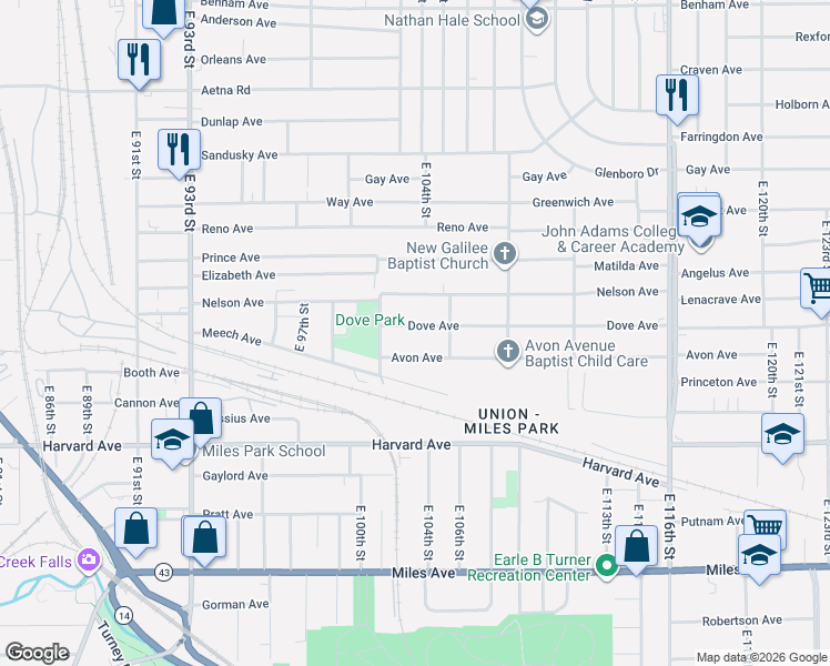map of restaurants, bars, coffee shops, grocery stores, and more near 10405 Dove Avenue in Cleveland
