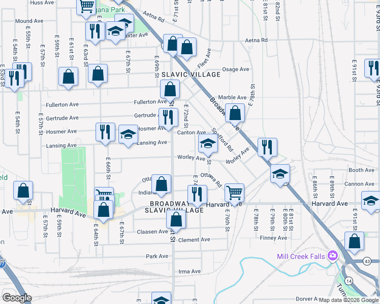 map of restaurants, bars, coffee shops, grocery stores, and more near 3889 East 71st Street in Cleveland