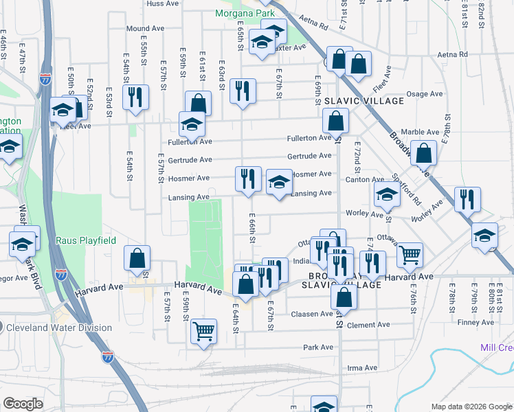 map of restaurants, bars, coffee shops, grocery stores, and more near 6622 Lansing Avenue in Cleveland
