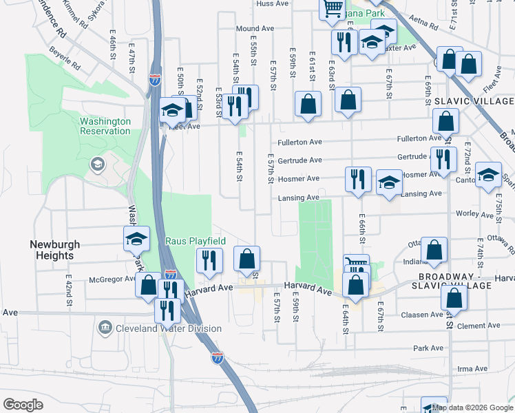 map of restaurants, bars, coffee shops, grocery stores, and more near 3880 East 55th Street in Cleveland