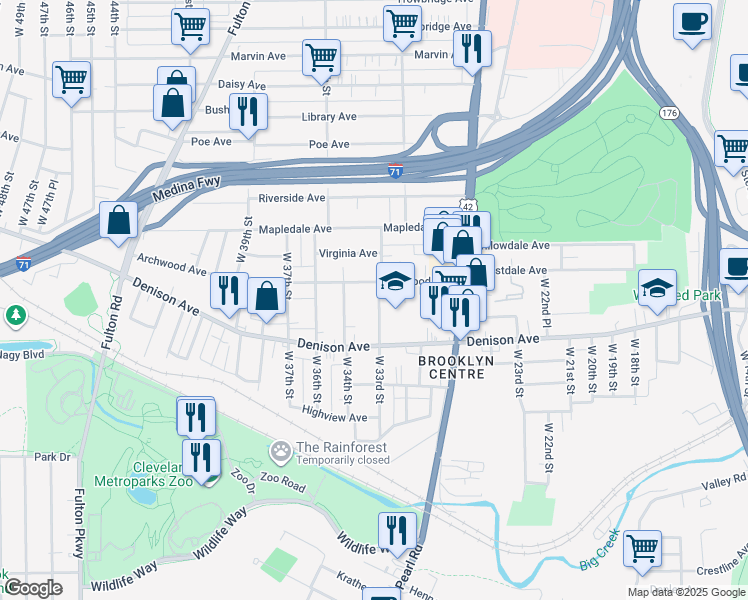 map of restaurants, bars, coffee shops, grocery stores, and more near 3773 West 33rd Street in Cleveland