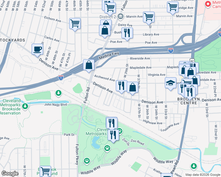 map of restaurants, bars, coffee shops, grocery stores, and more near 4111 Archwood Avenue in Cleveland