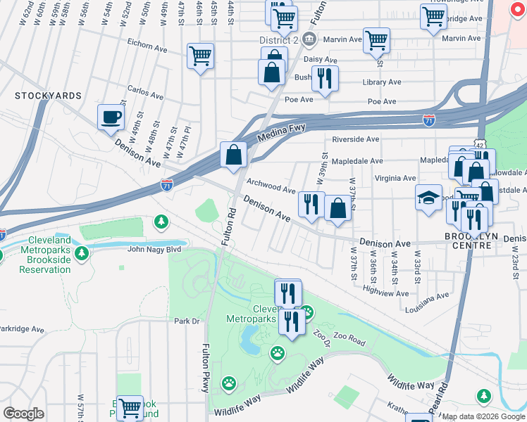 map of restaurants, bars, coffee shops, grocery stores, and more near 4300 Denison Avenue in Cleveland