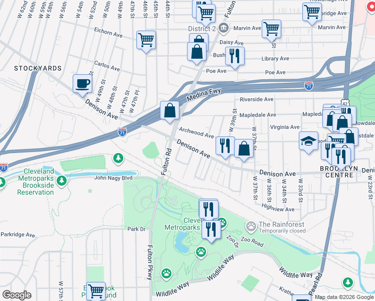 map of restaurants, bars, coffee shops, grocery stores, and more near 4300 Denison Avenue in Cleveland