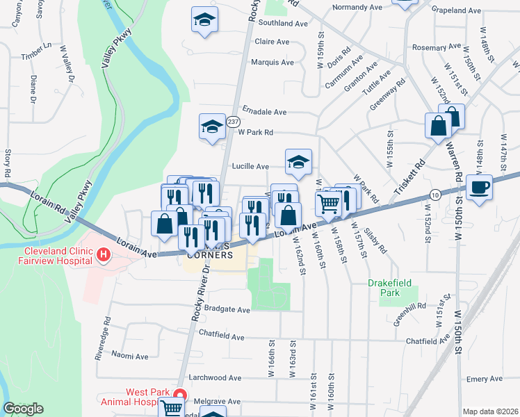 map of restaurants, bars, coffee shops, grocery stores, and more near 3707 West 165th Street in Cleveland