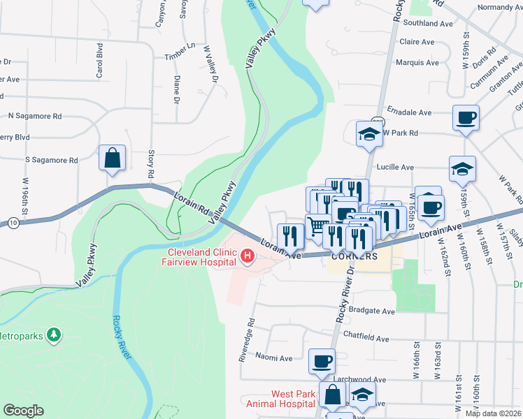 map of restaurants, bars, coffee shops, grocery stores, and more near 3701 West 179th Street in Cleveland