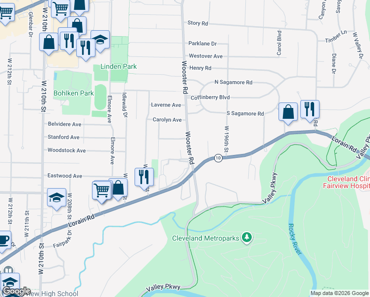 map of restaurants, bars, coffee shops, grocery stores, and more near 4325 Wooster Road in Fairview Park