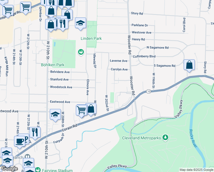 map of restaurants, bars, coffee shops, grocery stores, and more near 4284 West 202nd Street in Fairview Park