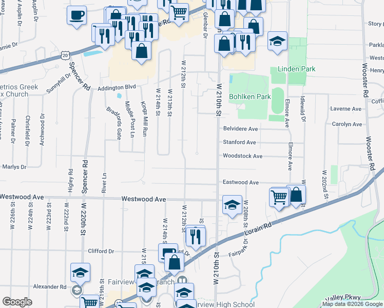 map of restaurants, bars, coffee shops, grocery stores, and more near 4020 Circlewood Drive in Fairview Park