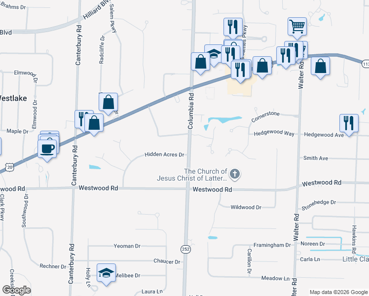 map of restaurants, bars, coffee shops, grocery stores, and more near 25571 West Hedgewood Drive in Westlake