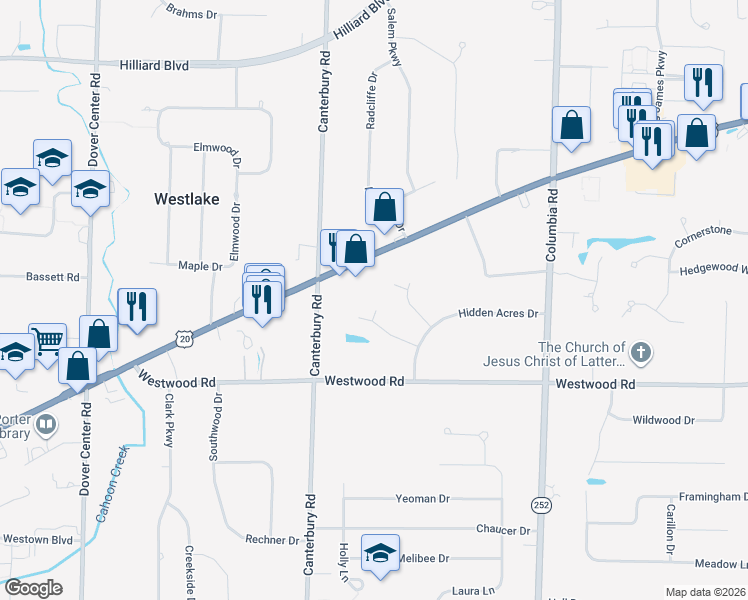 map of restaurants, bars, coffee shops, grocery stores, and more near 26185 Center Ridge Road in Westlake