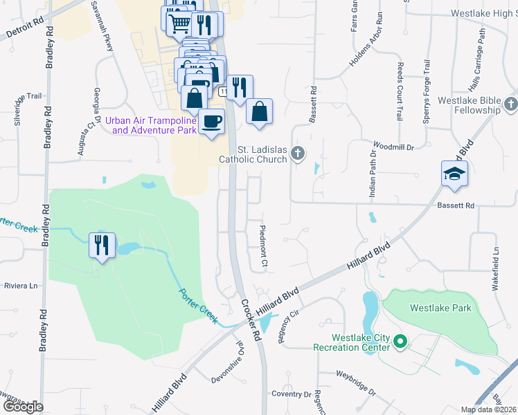 map of restaurants, bars, coffee shops, grocery stores, and more near 2430 Woodruff Court in Westlake