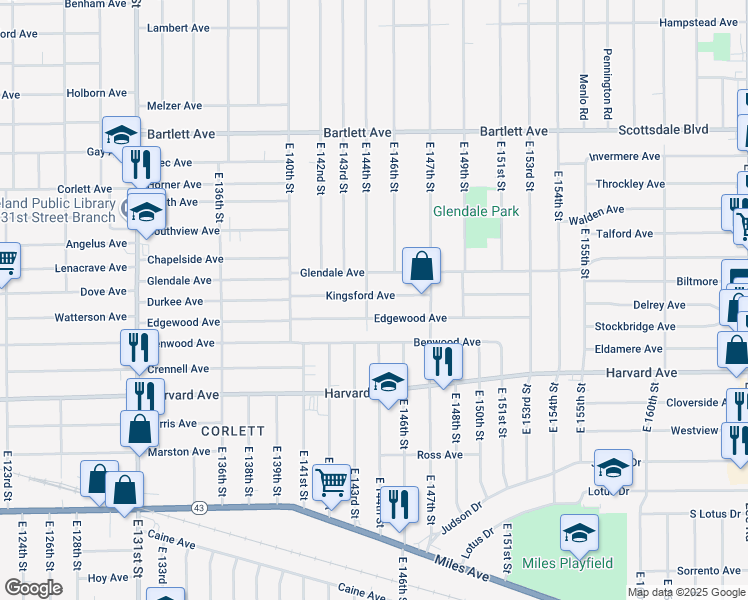 map of restaurants, bars, coffee shops, grocery stores, and more near 14406 Kingsford Avenue in Cleveland