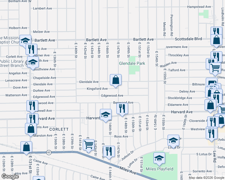 map of restaurants, bars, coffee shops, grocery stores, and more near 3922 East 147th Street in Cleveland