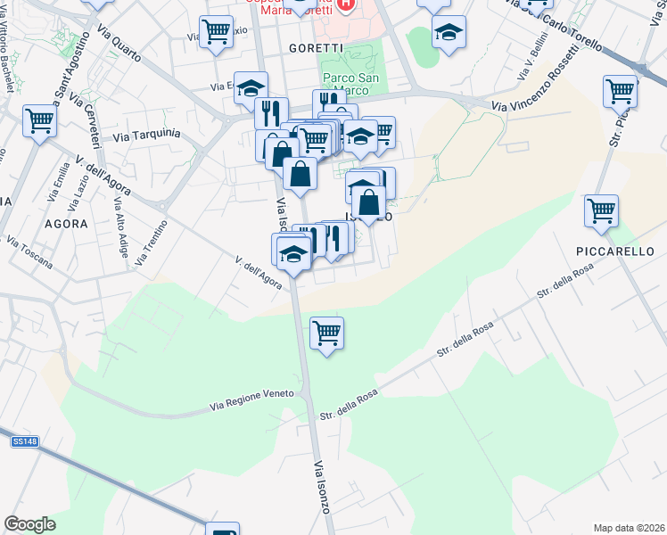map of restaurants, bars, coffee shops, grocery stores, and more near 51 Via Don Luigi Sturzo in Latina