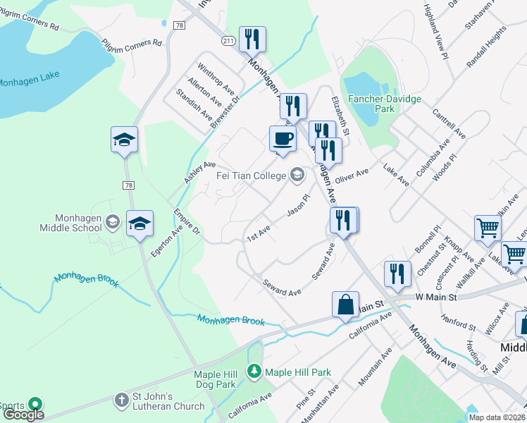 map of restaurants, bars, coffee shops, grocery stores, and more near 92 Seward Avenue in Middletown