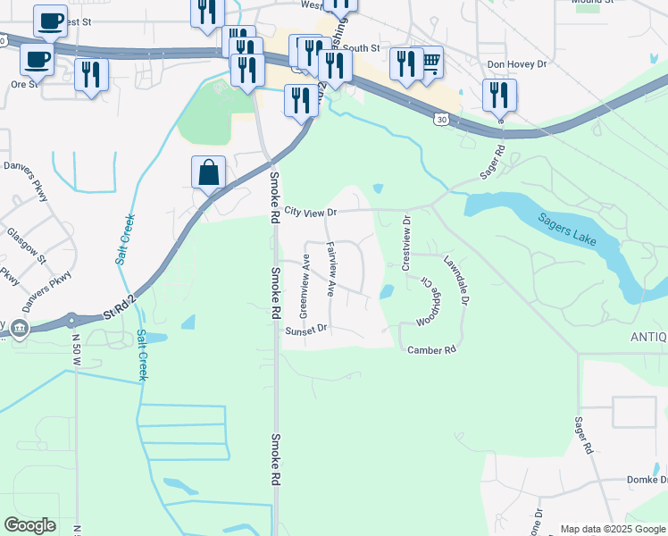 map of restaurants, bars, coffee shops, grocery stores, and more near Fairview Avenue in Valparaiso