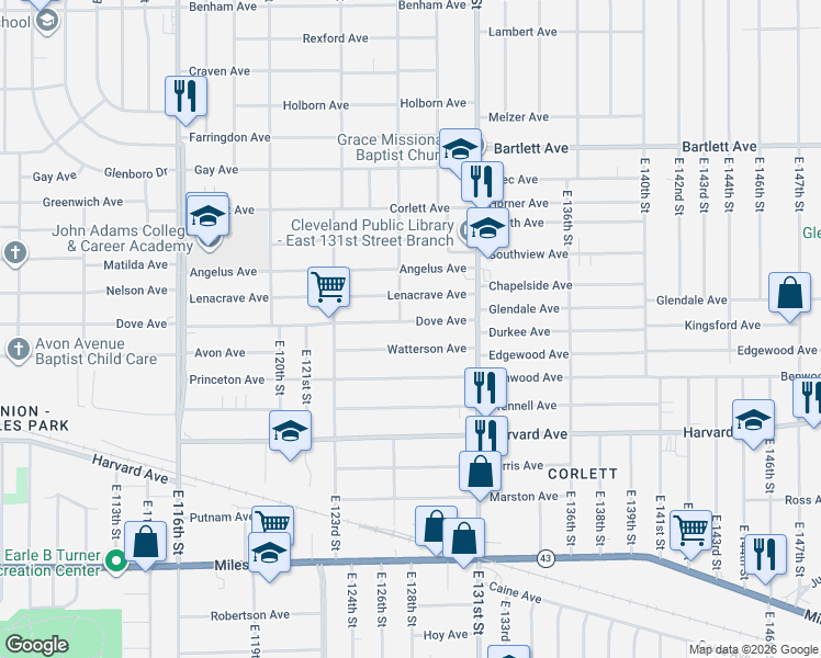 map of restaurants, bars, coffee shops, grocery stores, and more near 12701 Dove Avenue in Cleveland