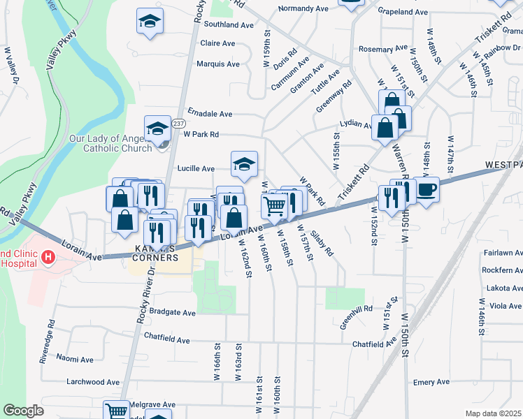 map of restaurants, bars, coffee shops, grocery stores, and more near 3718 West 159th Street in Cleveland