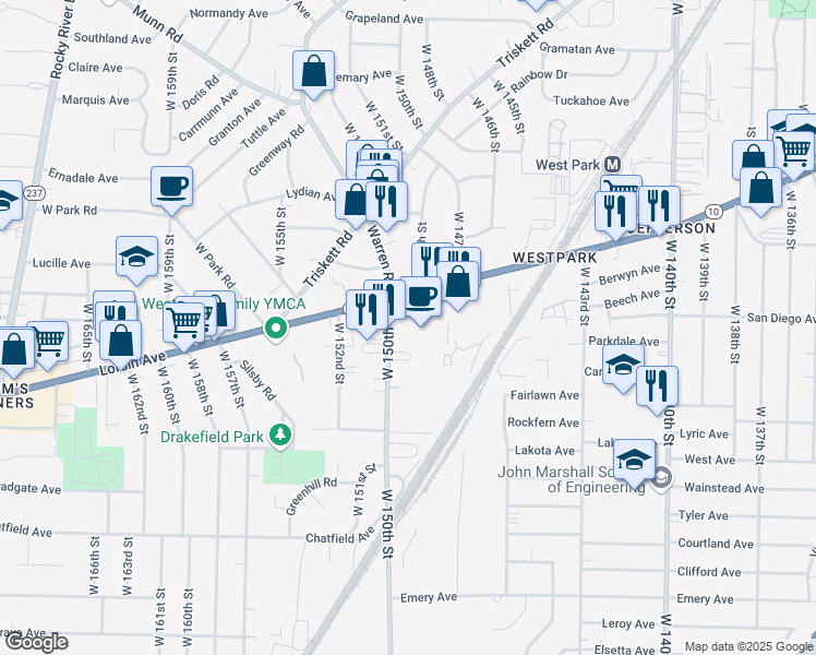 map of restaurants, bars, coffee shops, grocery stores, and more near 14901 Lorain Avenue in Cleveland