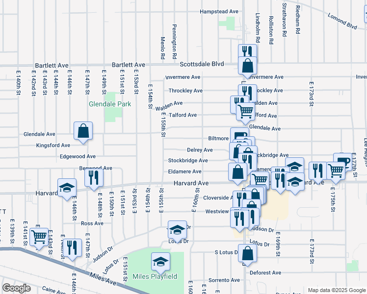 map of restaurants, bars, coffee shops, grocery stores, and more near 15802 Biltmore Avenue in Cleveland