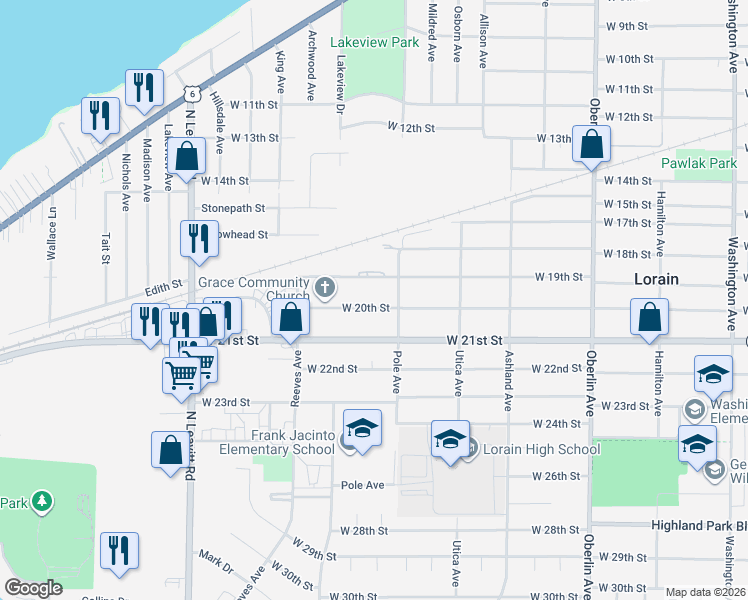 map of restaurants, bars, coffee shops, grocery stores, and more near 1711 West 19th Street in Lorain