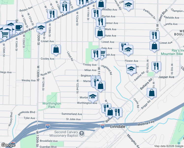 map of restaurants, bars, coffee shops, grocery stores, and more near 3686 West 117th Street in Cleveland