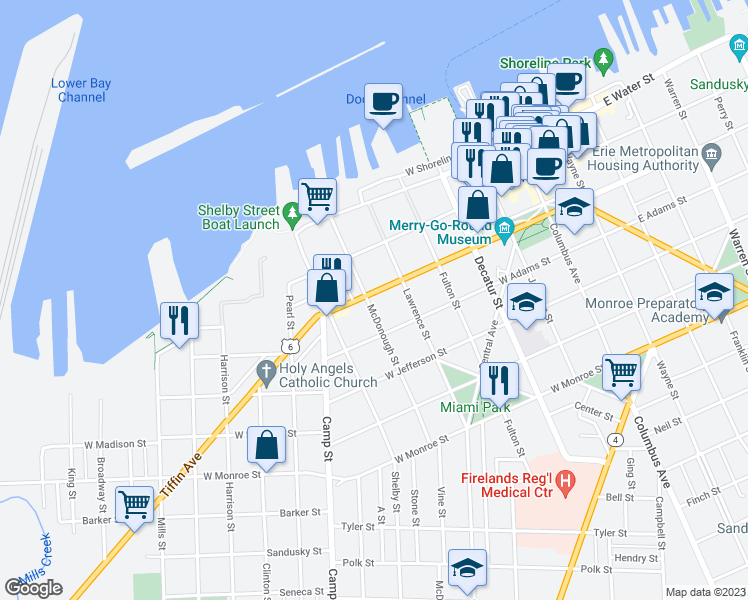 map of restaurants, bars, coffee shops, grocery stores, and more near 1001 West Washington Street in Sandusky