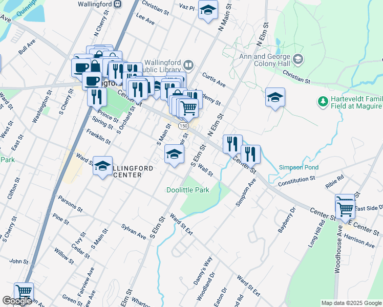 map of restaurants, bars, coffee shops, grocery stores, and more near 19 South Elm Street in Wallingford