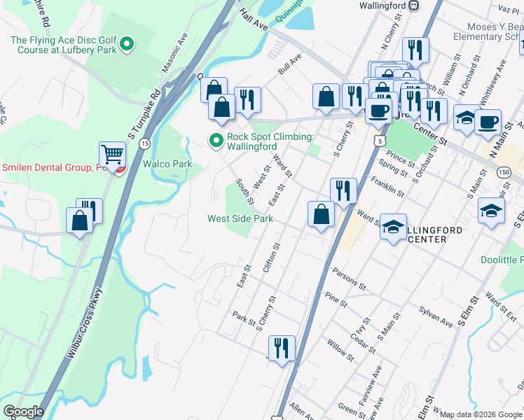 map of restaurants, bars, coffee shops, grocery stores, and more near 7 South Street in Wallingford