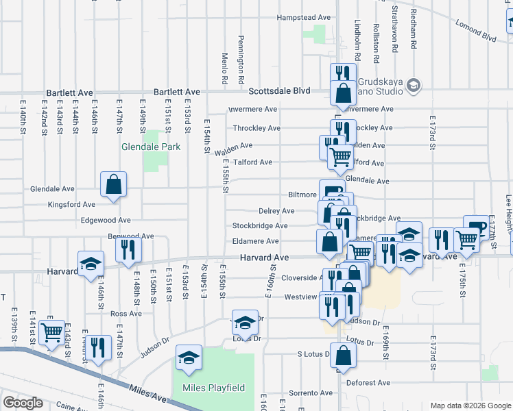 map of restaurants, bars, coffee shops, grocery stores, and more near 15802 Biltmore Avenue in Cleveland