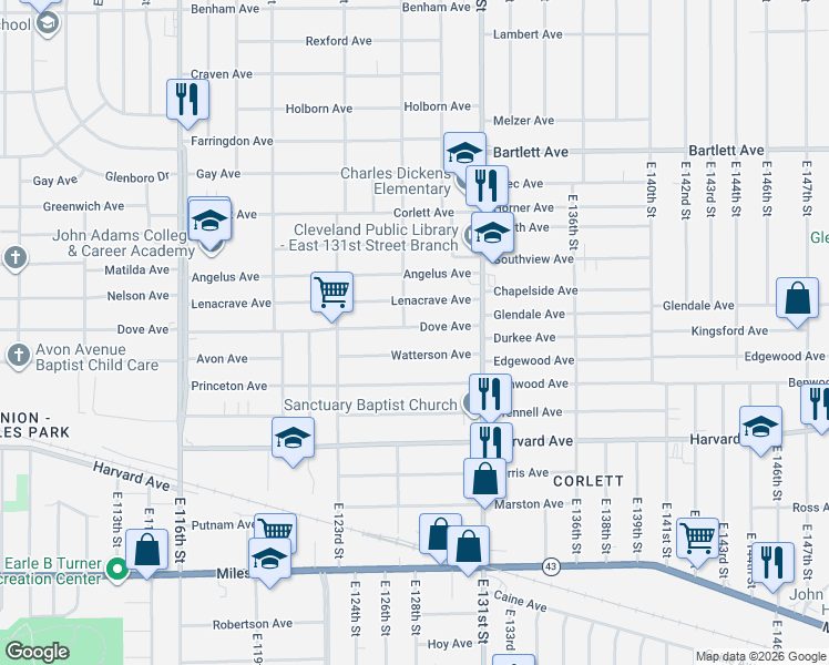 map of restaurants, bars, coffee shops, grocery stores, and more near 12701 Dove Avenue in Cleveland