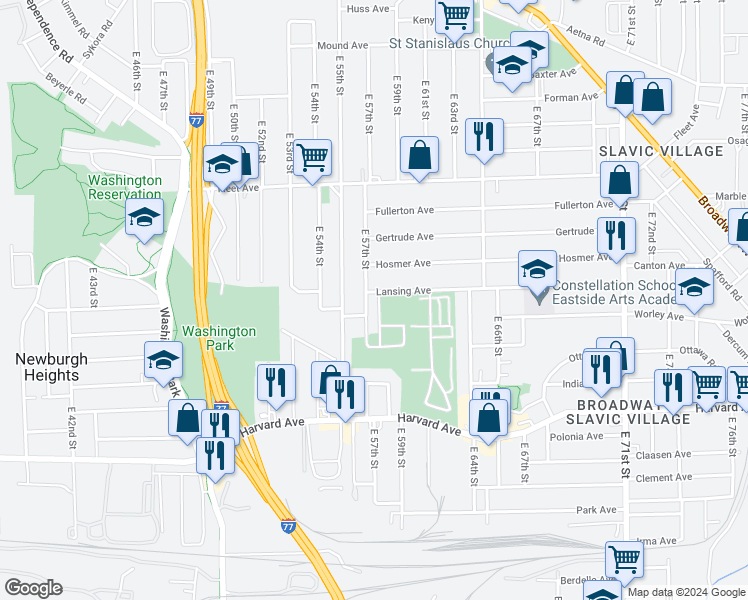 map of restaurants, bars, coffee shops, grocery stores, and more near 5711 Lansing Avenue in Cleveland