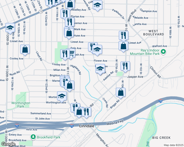 map of restaurants, bars, coffee shops, grocery stores, and more near 3664 Bosworth Road in Cleveland