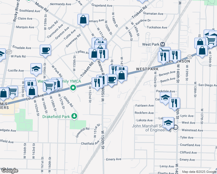map of restaurants, bars, coffee shops, grocery stores, and more near 14901 Lorain Avenue in Cleveland