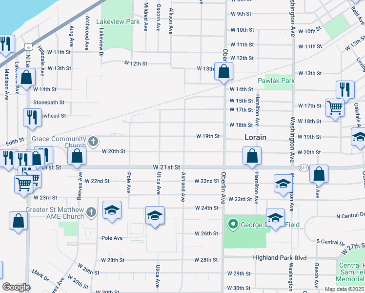 map of restaurants, bars, coffee shops, grocery stores, and more near 1413 West 19th Street in Lorain